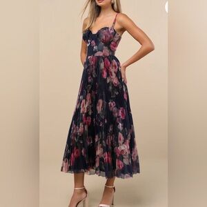 Floral Navy and Pink Pleated Dress